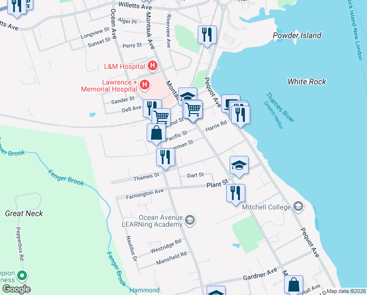 map of restaurants, bars, coffee shops, grocery stores, and more near 40 Sherman Street in New London