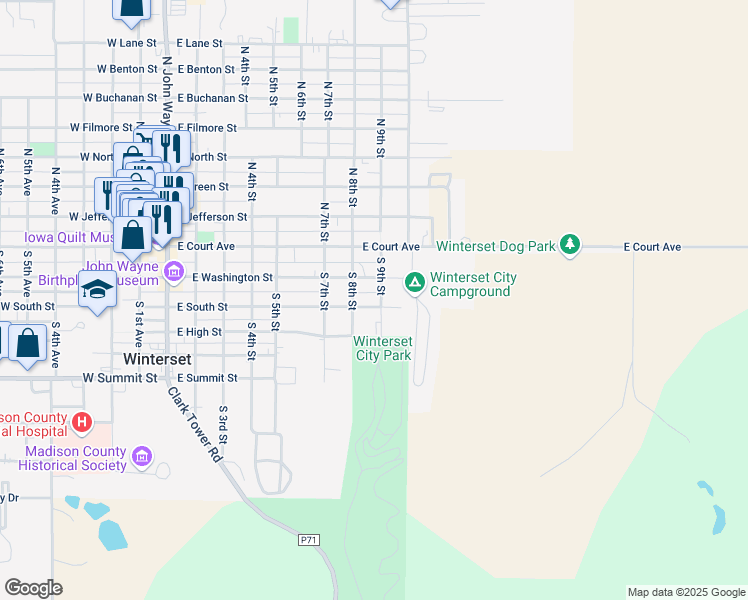 map of restaurants, bars, coffee shops, grocery stores, and more near 819 East South Street in Winterset