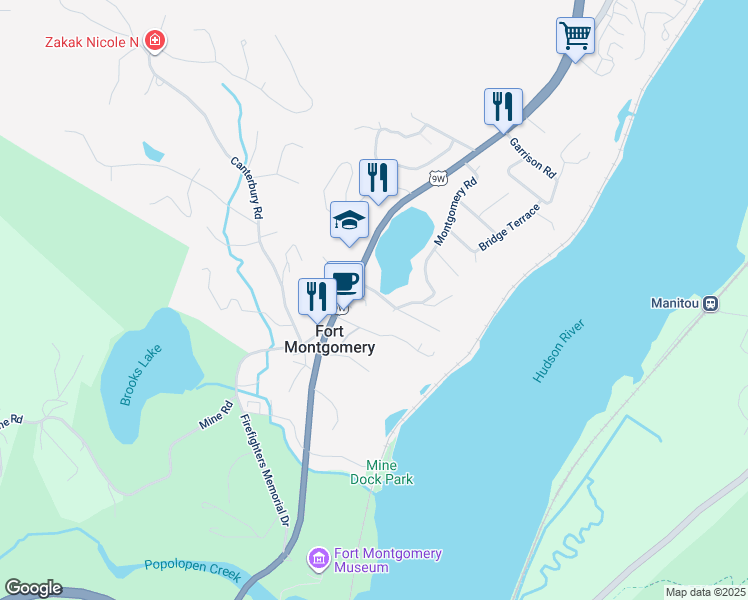 map of restaurants, bars, coffee shops, grocery stores, and more near 10 Montgomery Road in Highland Falls