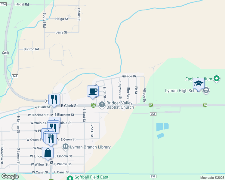 map of restaurants, bars, coffee shops, grocery stores, and more near Cottonwood Street in Lyman