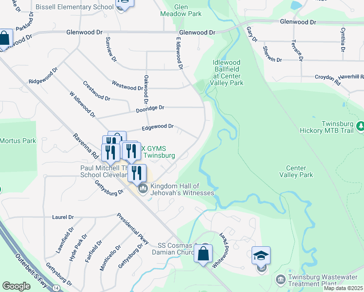 map of restaurants, bars, coffee shops, grocery stores, and more near 9686 East Idlewood Drive in Twinsburg