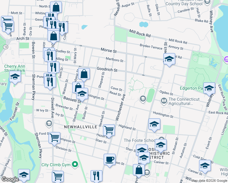 map of restaurants, bars, coffee shops, grocery stores, and more near 323 Newhall Street in New Haven