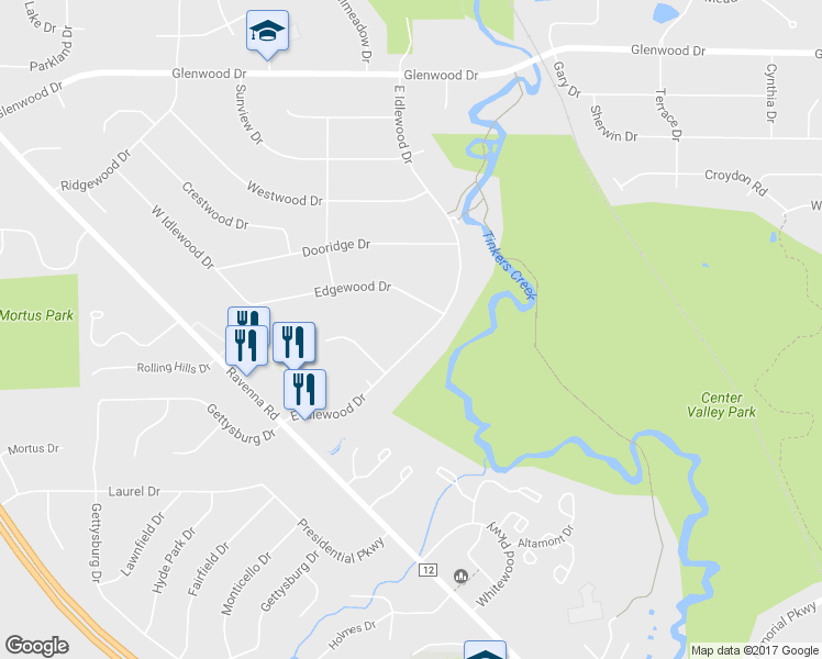 map of restaurants, bars, coffee shops, grocery stores, and more near 9686 East Idlewood Drive in Twinsburg