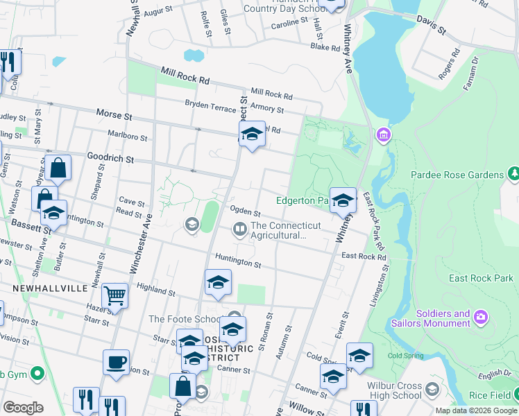 map of restaurants, bars, coffee shops, grocery stores, and more near 269 Ogden Street in New Haven