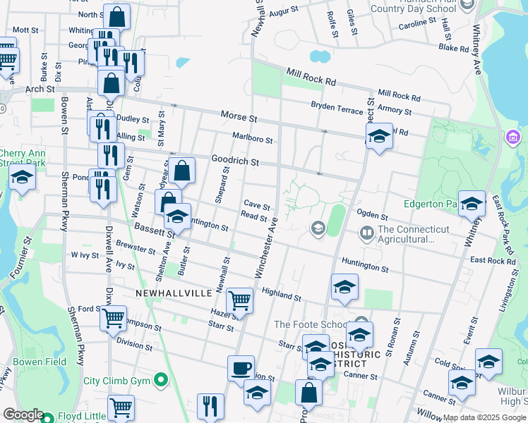 map of restaurants, bars, coffee shops, grocery stores, and more near 9 Read Street in New Haven
