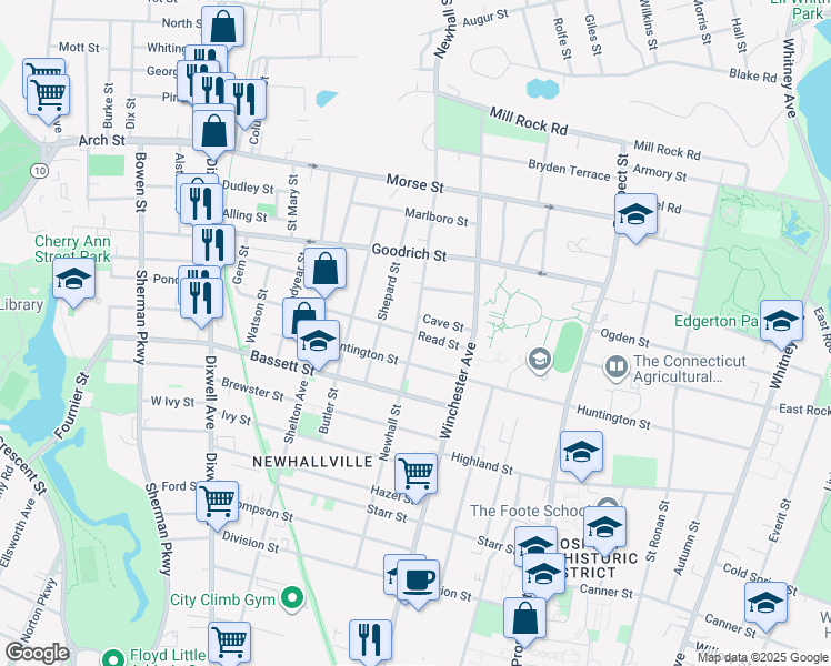 map of restaurants, bars, coffee shops, grocery stores, and more near 323 Newhall Street in New Haven