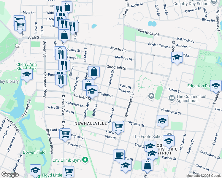 map of restaurants, bars, coffee shops, grocery stores, and more near 41 Shepard Street in New Haven