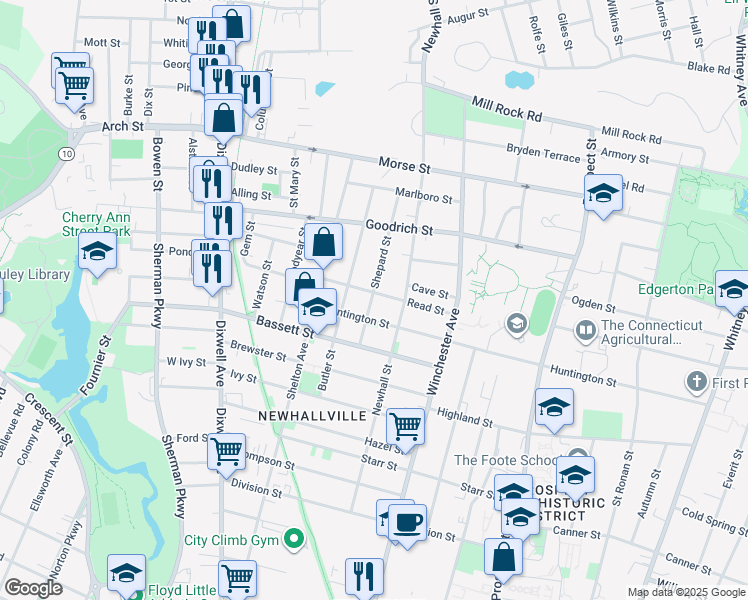 map of restaurants, bars, coffee shops, grocery stores, and more near 41 Shepard Street in New Haven