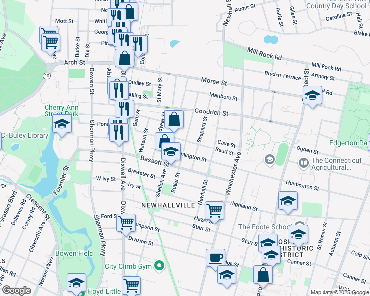 map of restaurants, bars, coffee shops, grocery stores, and more near 104 Butler Street in New Haven