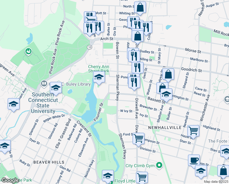 map of restaurants, bars, coffee shops, grocery stores, and more near 330 Bassett Street in New Haven
