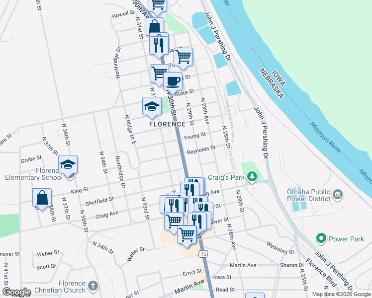 map of restaurants, bars, coffee shops, grocery stores, and more near 8004 North 30th Street in Omaha