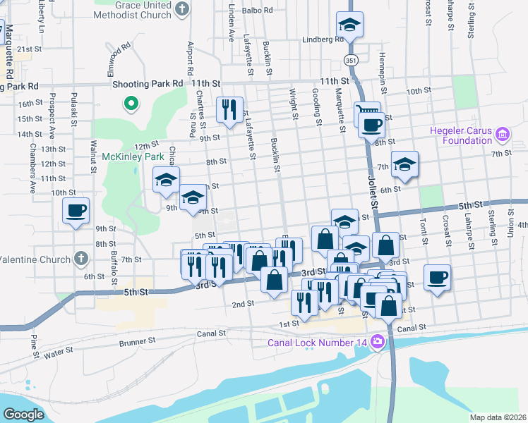 map of restaurants, bars, coffee shops, grocery stores, and more near 302 6th Street in LaSalle