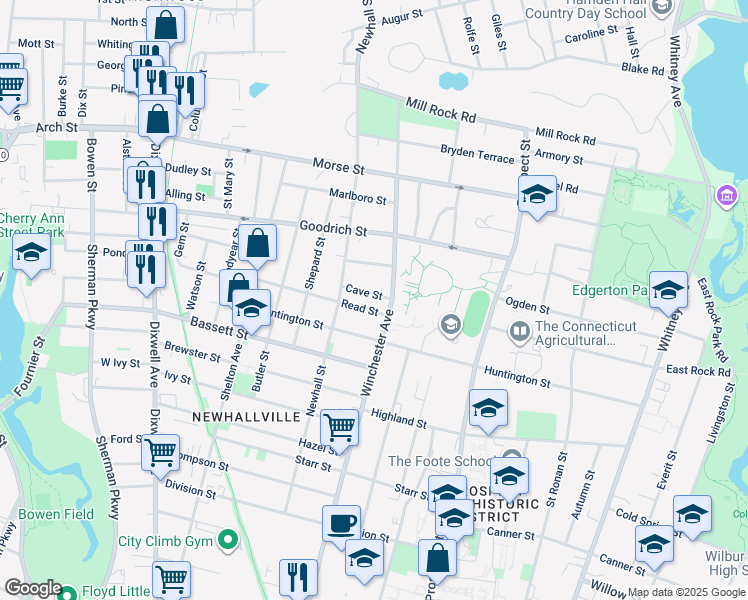 map of restaurants, bars, coffee shops, grocery stores, and more near 9 Read Street in New Haven