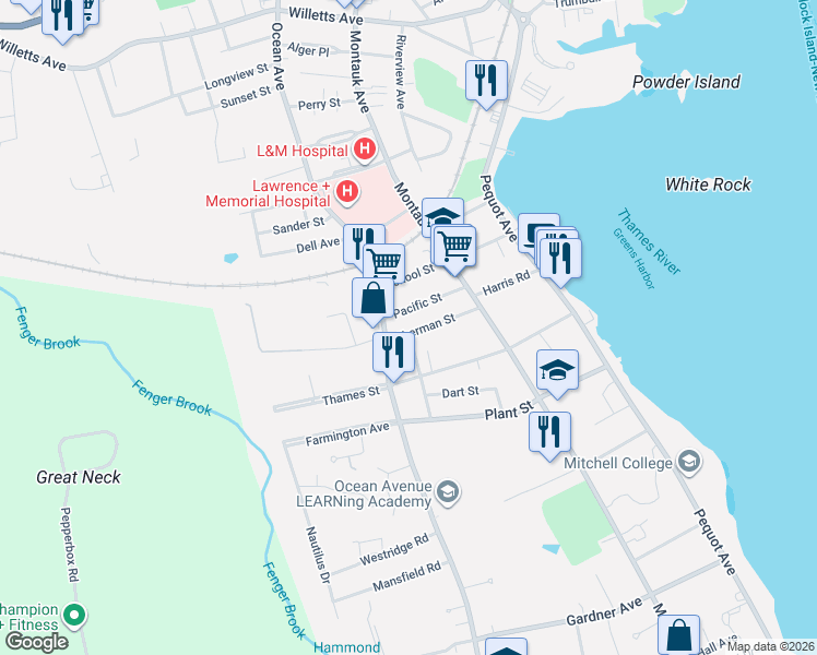 map of restaurants, bars, coffee shops, grocery stores, and more near 58 Sherman Street in New London