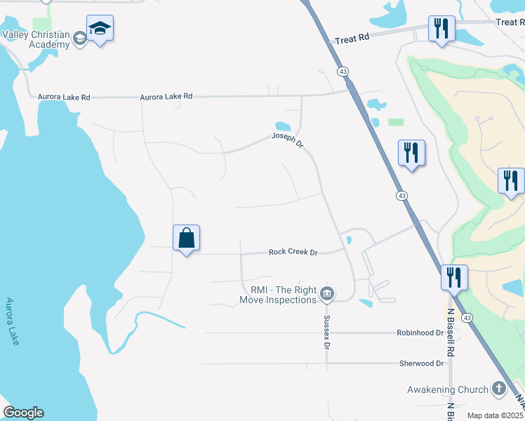 map of restaurants, bars, coffee shops, grocery stores, and more near 735 Madison Avenue in Aurora