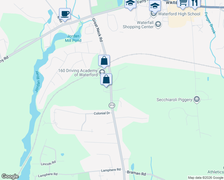 map of restaurants, bars, coffee shops, grocery stores, and more near 4 Village Drive in Waterford