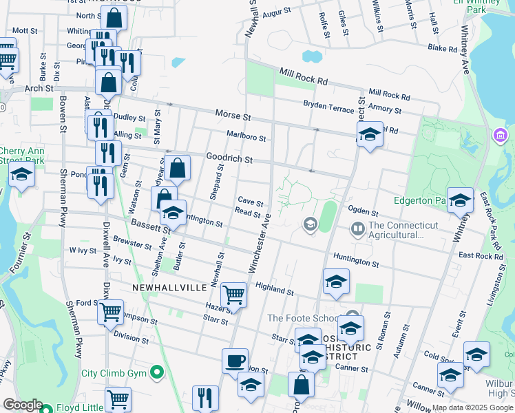 map of restaurants, bars, coffee shops, grocery stores, and more near 18 Cave Street in New Haven