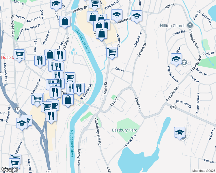 map of restaurants, bars, coffee shops, grocery stores, and more near 18 Columbia Street in Ansonia