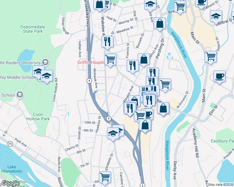 map of restaurants, bars, coffee shops, grocery stores, and more near 40 Lewis Street in Derby