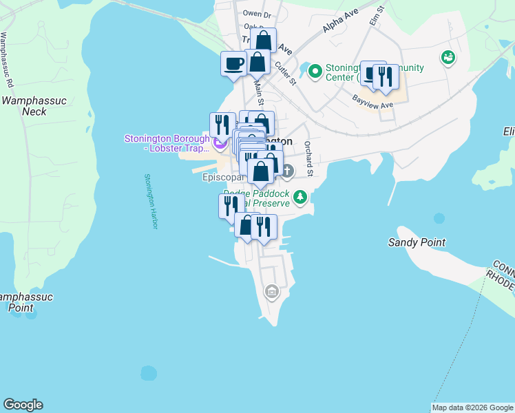 map of restaurants, bars, coffee shops, grocery stores, and more near 84 Water Street in Stonington