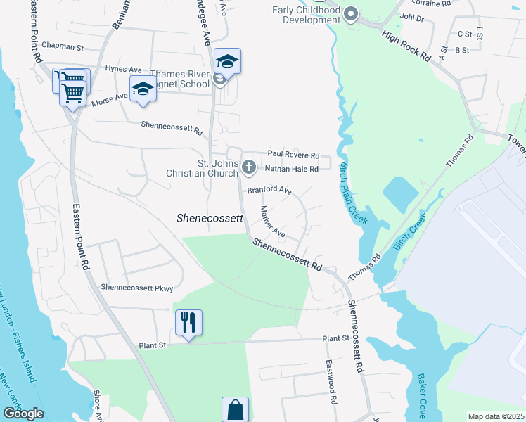 map of restaurants, bars, coffee shops, grocery stores, and more near 38 Mather Avenue in Groton