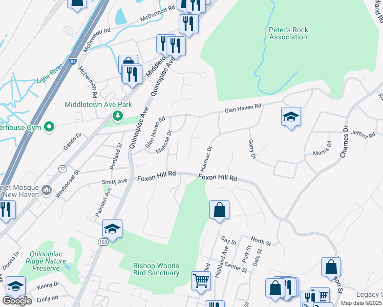 map of restaurants, bars, coffee shops, grocery stores, and more near 96 Oak Ridge Drive in New Haven