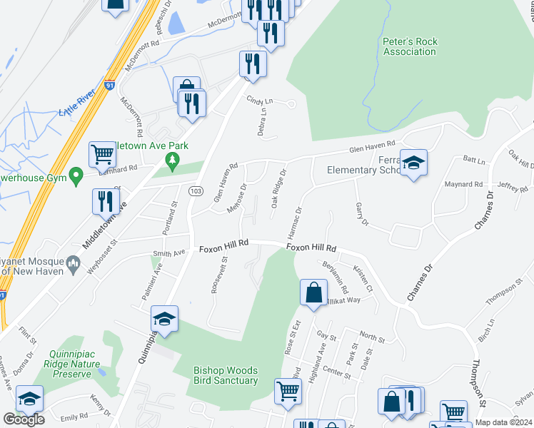 map of restaurants, bars, coffee shops, grocery stores, and more near 96 Oak Ridge Drive in New Haven