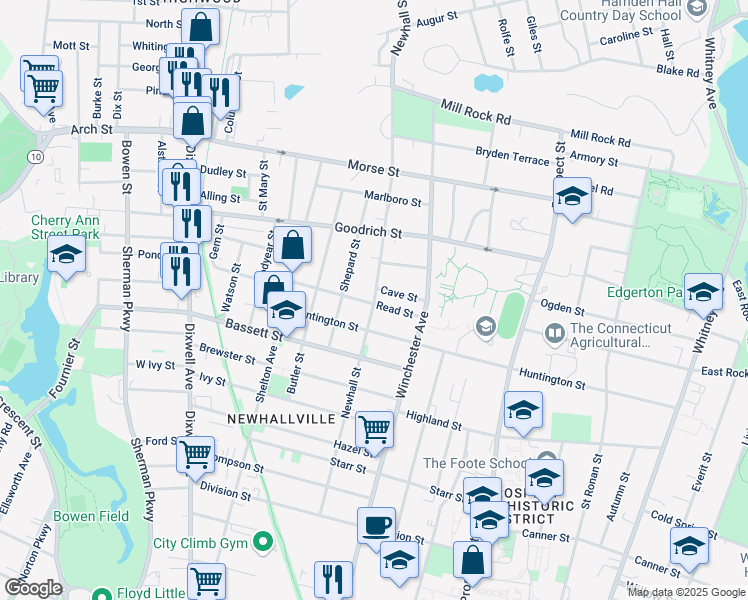 map of restaurants, bars, coffee shops, grocery stores, and more near 323 Newhall Street in New Haven