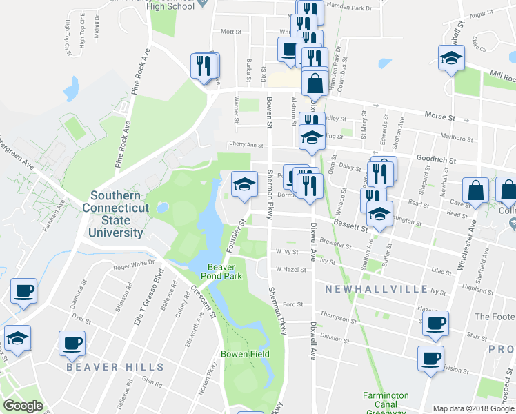 map of restaurants, bars, coffee shops, grocery stores, and more near 330 Bassett Street in New Haven