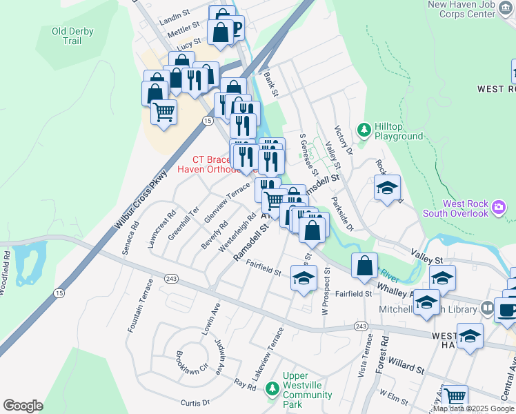 map of restaurants, bars, coffee shops, grocery stores, and more near 123 Westerleigh Road in New Haven