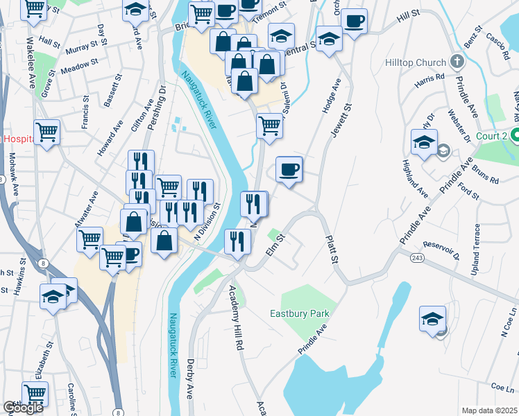 map of restaurants, bars, coffee shops, grocery stores, and more near 18 Columbia Street in Ansonia