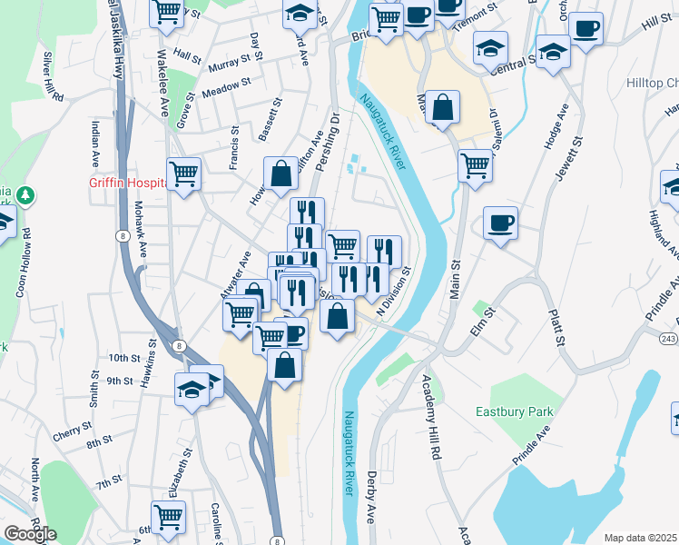 map of restaurants, bars, coffee shops, grocery stores, and more near 100 Division St in Ansonia