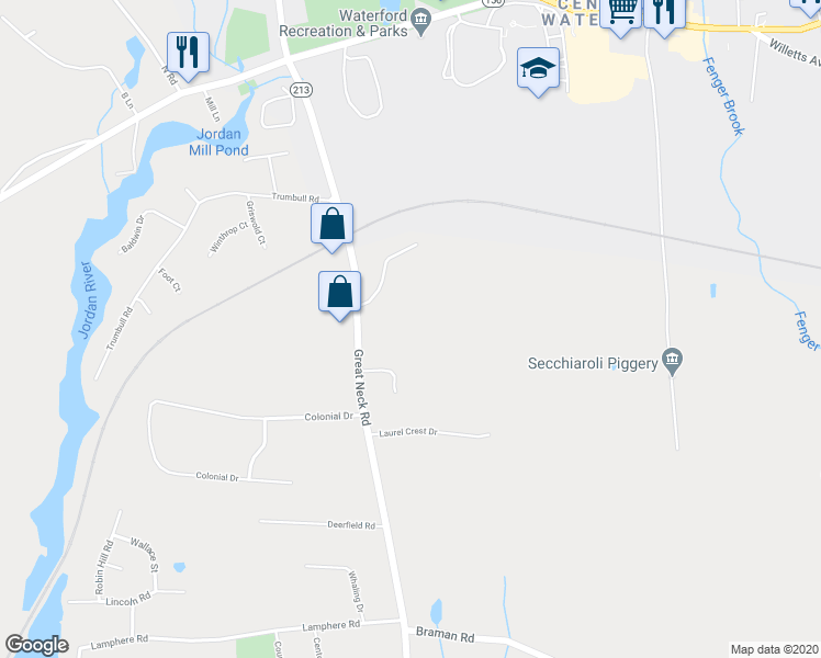 map of restaurants, bars, coffee shops, grocery stores, and more near 48 Great Neck Road in Waterford