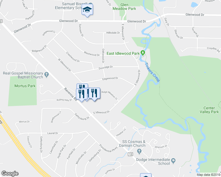 map of restaurants, bars, coffee shops, grocery stores, and more near 1953 Ridge Meadow Court in Twinsburg