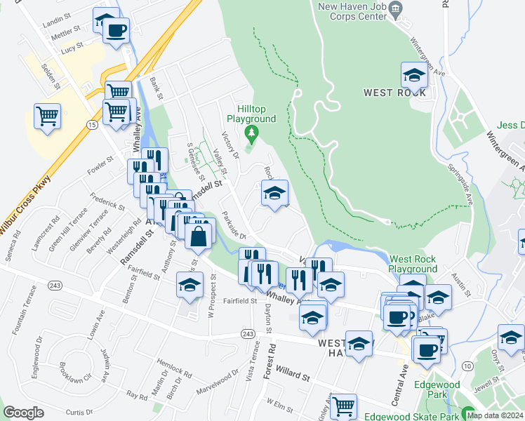 map of restaurants, bars, coffee shops, grocery stores, and more near 6 Valley Place South in New Haven