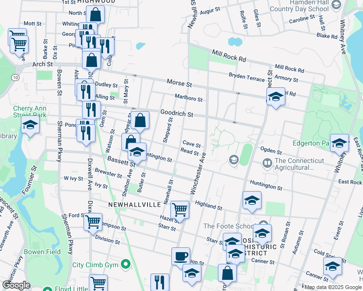 map of restaurants, bars, coffee shops, grocery stores, and more near 323 Newhall Street in New Haven