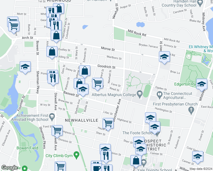 map of restaurants, bars, coffee shops, grocery stores, and more near 323 Newhall Street in New Haven