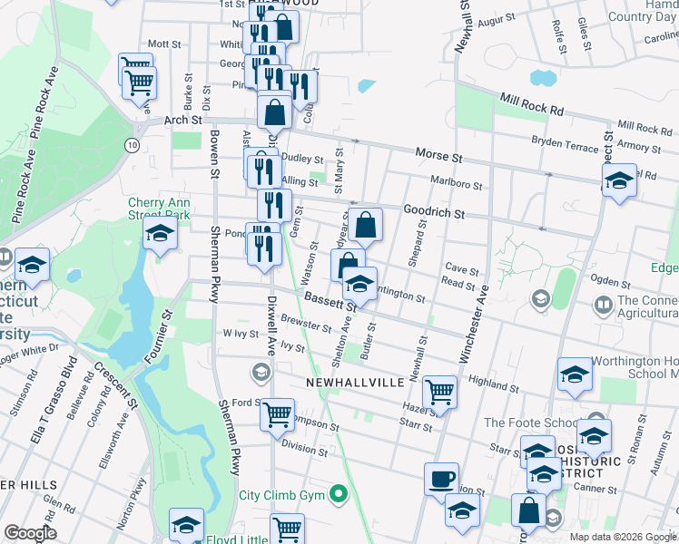 map of restaurants, bars, coffee shops, grocery stores, and more near 348 Shelton Avenue in New Haven