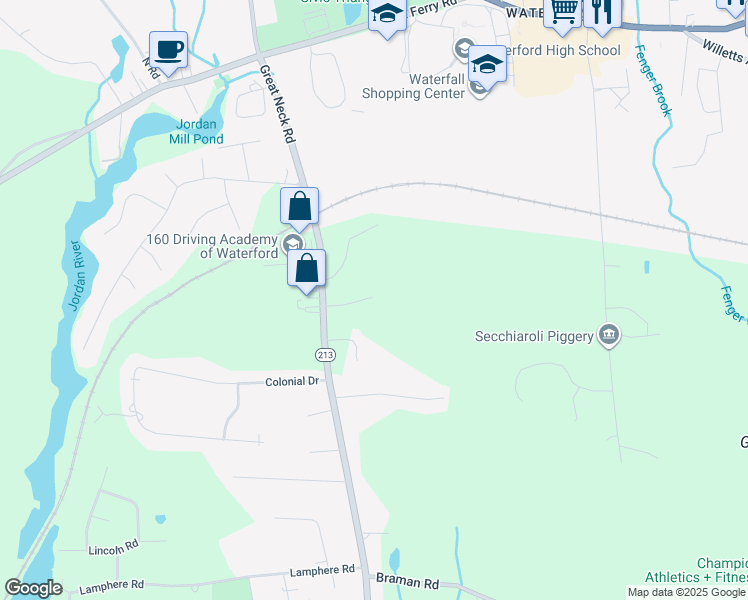 map of restaurants, bars, coffee shops, grocery stores, and more near 48 Great Neck Road in Waterford