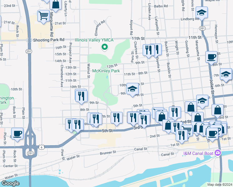 map of restaurants, bars, coffee shops, grocery stores, and more near 203 Center Place in Peru