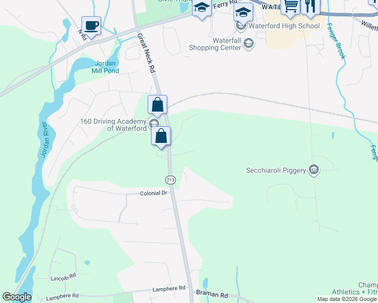 map of restaurants, bars, coffee shops, grocery stores, and more near 48 Great Neck Road in Waterford