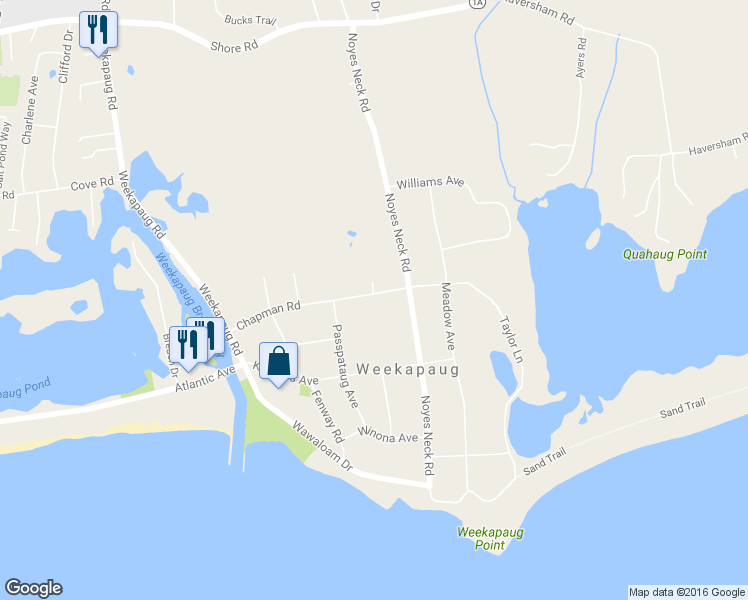 map of restaurants, bars, coffee shops, grocery stores, and more near 45 Chapman Rd in Westerly