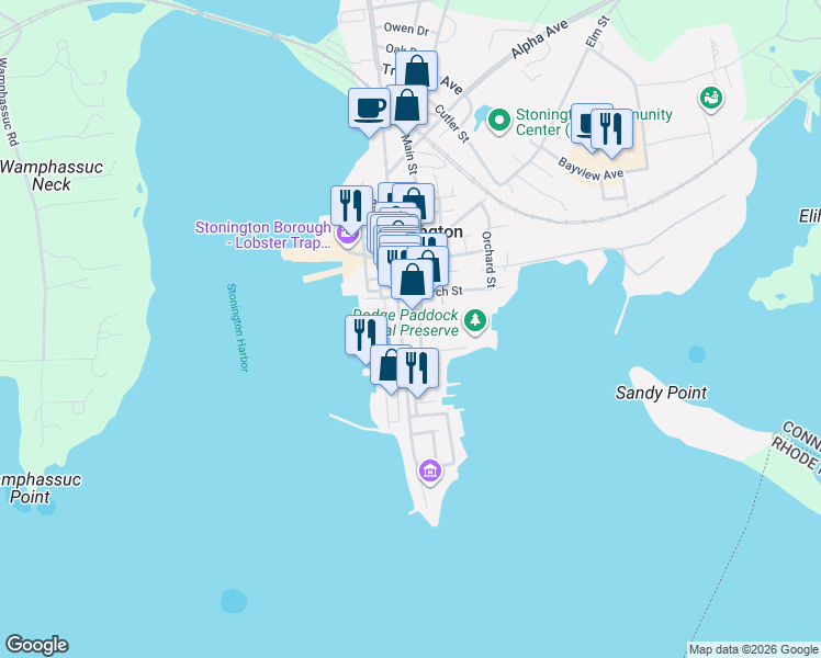map of restaurants, bars, coffee shops, grocery stores, and more near 6 Harmony Street in Stonington
