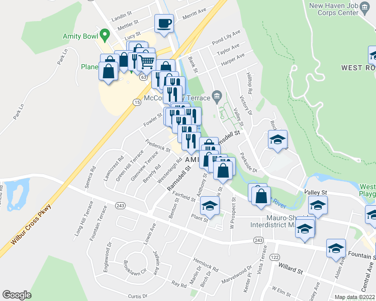 map of restaurants, bars, coffee shops, grocery stores, and more near 1400 Whalley Avenue in New Haven