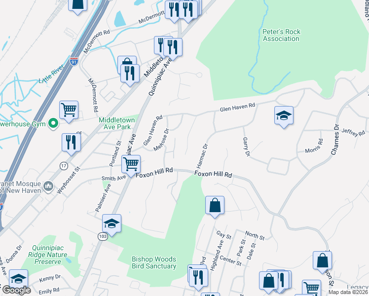 map of restaurants, bars, coffee shops, grocery stores, and more near 96 Oak Ridge Drive in New Haven