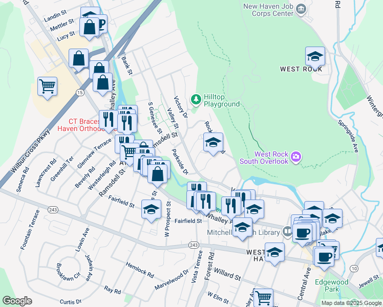 map of restaurants, bars, coffee shops, grocery stores, and more near 65 Parkside Drive in New Haven