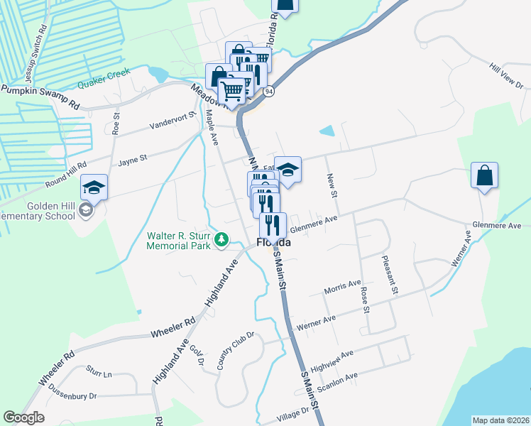 map of restaurants, bars, coffee shops, grocery stores, and more near 10 Maple Avenue in Florida