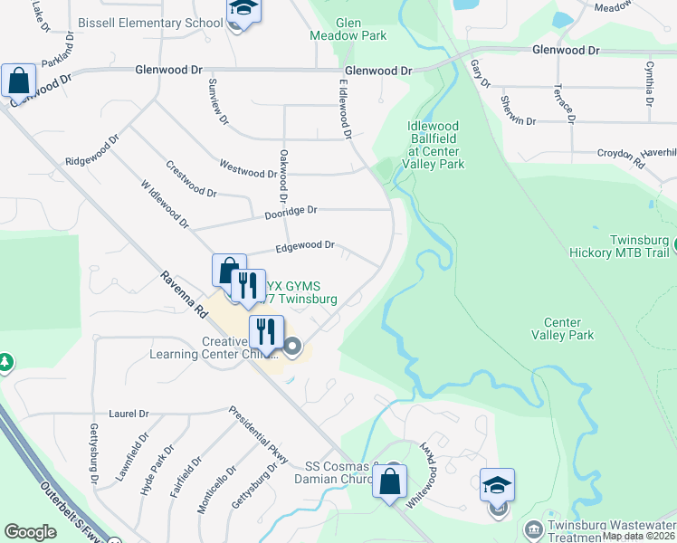 map of restaurants, bars, coffee shops, grocery stores, and more near 9616 East Idlewood Drive in Twinsburg