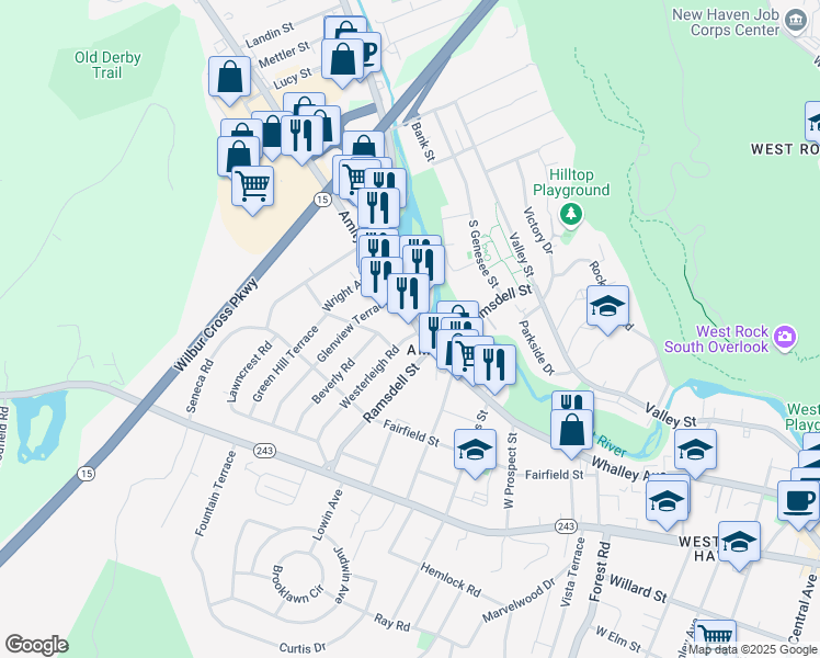 map of restaurants, bars, coffee shops, grocery stores, and more near 1404 Whalley Avenue in New Haven