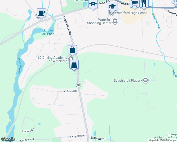 map of restaurants, bars, coffee shops, grocery stores, and more near 48 Great Neck Road in Waterford